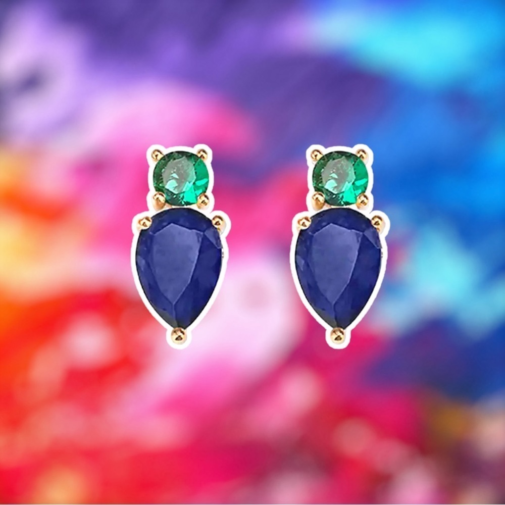 NEW Green & Blue Crystal CZ Goldtone Teardrop Stud Earrings - Picture 2 of 15